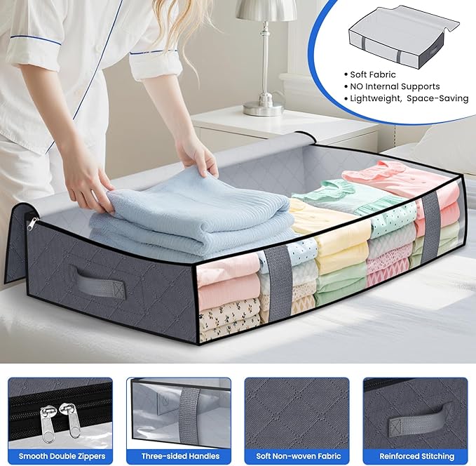Under Bed Storage Containers, 8 Pack Blanket Storage Bags, Collapsible Storage Bags with Big Zippers, Clear Front, Shoe Storage and Organization for Clothes, Comforter, 90L, Grey