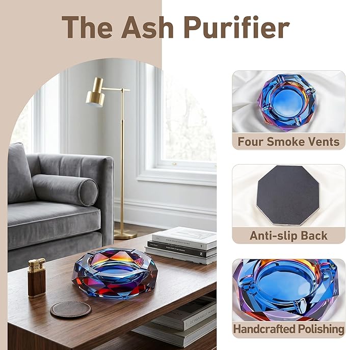 Coomin 5.9in Large Crystal Glass Ash Tray, Sparkly Cigarettes Cigar Ashtray, Ashtrays for Smokers Indoor Office Home Desktop Tabletop, Unique Luxury Gifts for Men, Blue
