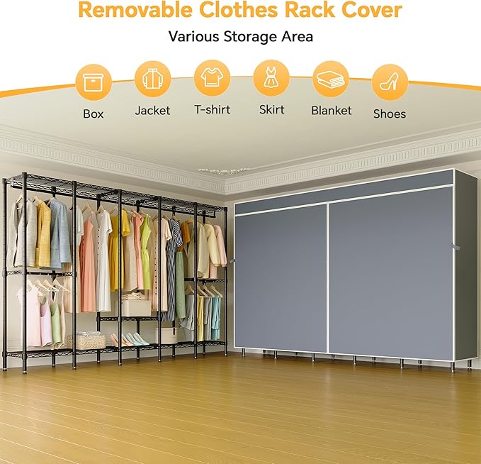 94.5"W Heavy Duty Garment Rack with Cover, H5C Large Clothes Rack with Adjustable Shelves and Hanging Rods Dustproof Closet for Storage and Organizer, Black Rack with Grey Cover, Load 1400 lbs