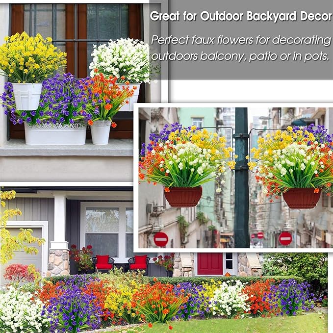 TURNMEON 20 Bundles Artificial Flowers for Outdoors Fake Plants Spring Decor, UV Resistant Artificial Plants Cemetery Flowers Faux Plastic Greenery Shrubs for Home Porch Summer Decor 500 Heads(Purple)
