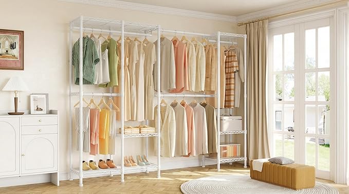 H7 Pro Heavy Duty Clothes Rack Large Garment Rack for Hanging Clothes, Freestanding Wardrobe Closet with Expandable Hanger Rods, Closet Organizer Storage, (79.1"-96.9") Lx15.7 Wx75.4 H, White