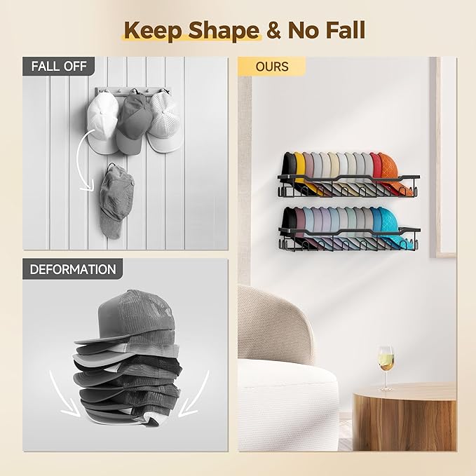 Nicetree Hat Racks for Baseball Caps Wall - Metal Hat Organizer for 48 Baseball Caps Holder, 2 Pack Hat Storage Organizer for Closet, Bedroom, Living Room Black