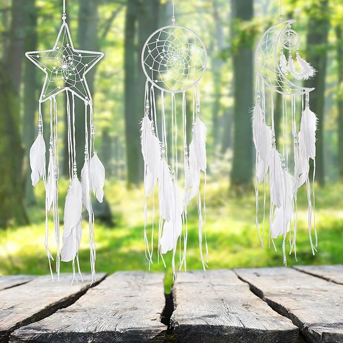 Jetec 3 Pcs Dream Catcher Moon Sun Star Design Handmade Traditional Craft Ornament Wall Art Hanging Home Decoration for Bedroom Room Decor Wedding Halloween Christmas Decorations Gift(White)