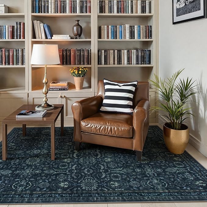 Lahome Navy Blue Boho Area Rugs 5x7,Washable Rugs for Bedroom,Dark Academia Vintage Carpet for Office,Rubber Backed Living Room Carpets for Dorm Dining Room Apartment