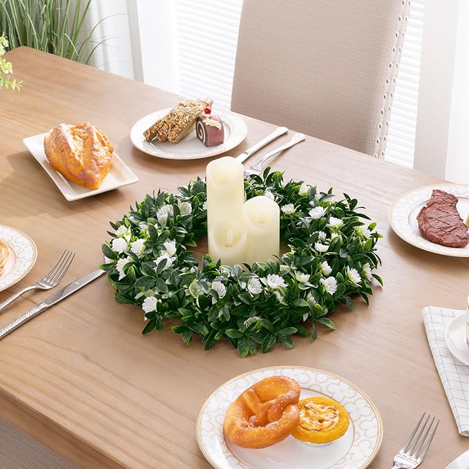 SHACOS Greenery Wreath 15" Artificial Front Door Wreaths Green Wreath with White Flowers for Home Wall Window Farmhouse Decoration 100% Plastic Indoor Outdoor