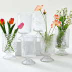 6 Pcs (H:7" W:4") Embossed Flower Vase Pedestal Glass Vase Big Base Thickened Crystal Vintage Vases for Valentines Day Wedding Home Decor Table Centerpiece House Warming Gifts(Clear)