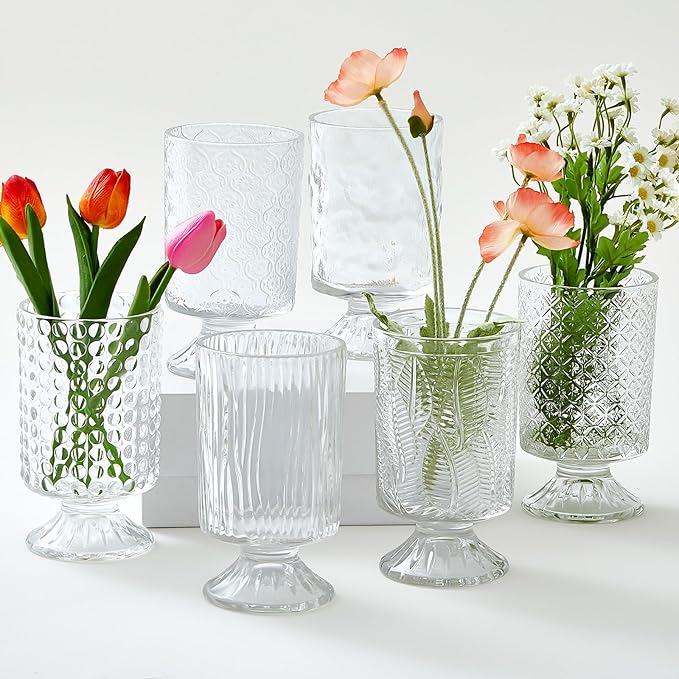 6 Pcs (H:7" W:4") Embossed Flower Vase Pedestal Glass Vase Big Base Thickened Crystal Vintage Vases for Valentines Day Wedding Home Decor Table Centerpiece House Warming Gifts(Clear)