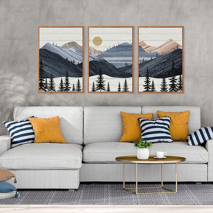KAIRNE Mountain Canvas Wall Art,Abstract Landscape Wall Decor Set of 3(16”X24”),Sunrise Pine Forest Nature Prints,Wilderness Scenery Pictures for Living Room Bedroom Farmhouse Office Decor,Framed
