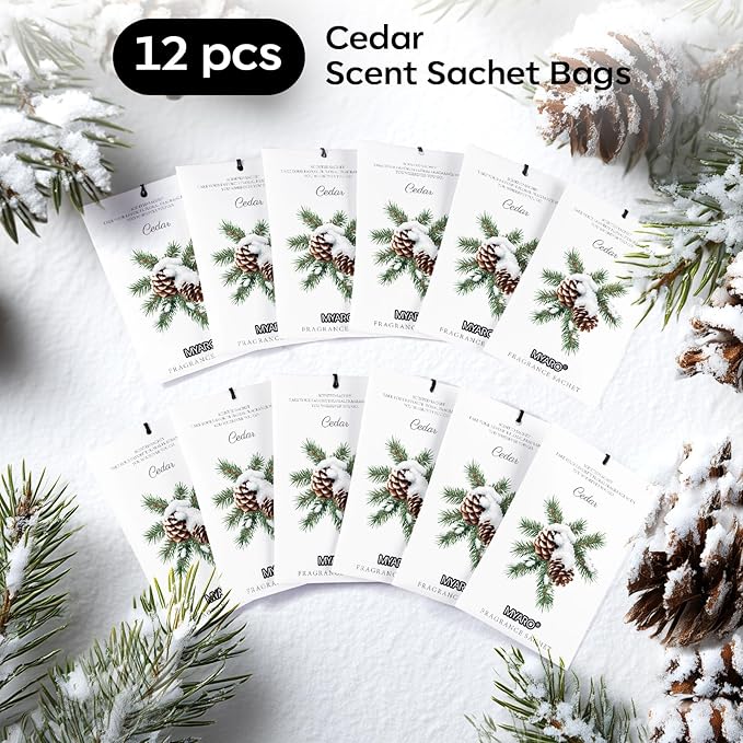 MYARO 12 Pack Cedarwood Scented Sachets for Drawer, Closet & Small Spaces Air Freshener Bags, Odor Eliminator for Car, Shoes, Gym Bag Home Fragrance Gift Set