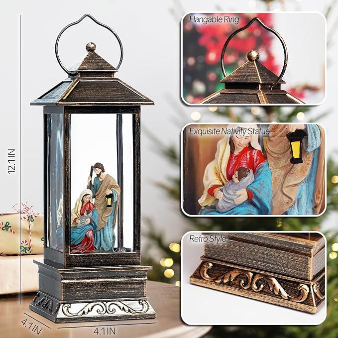 12" Christmas Snow Globe Lantern with Nativity - Water Swirling Glitter LED Light Lantern with Music - Vintage Xmas Gifts - USB Plug or Battery Operated Home Decor (Religious)
