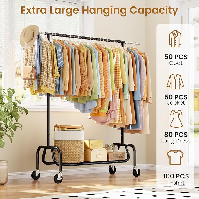 Heavy-duty Clothing Rack with Wheels, Rolling Clothes Rack with Shelf, Clothes Racks for Hanging Clothes, Metal Standing Garment Racks, Black