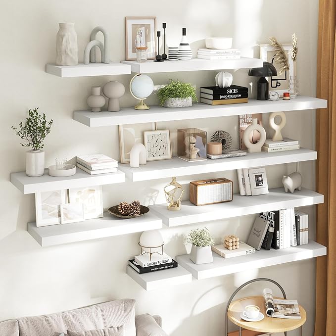 24 Inch Floating Shelves for Wall Set of 2, 12"D Wood Grain Bathroom Shelves with Invisible Brackets, Easy Install Engineered Wood Storage Shelves for Kitchen, Living Room, Bedroom, White Finish