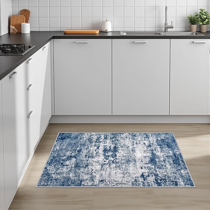 Washable Area Rug 2x3 Entryway Rug: Washable Modern Abstract Soft Thin Rug Indoor Floor No Slip Stain Resistant Carpet for Bedroom Dining Room Farmhouse Nursery Home Office - Blue