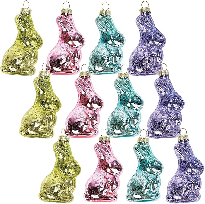 Lillian Vernon Bunny Blown Glass Easter Ornaments - Handcrafted Hanging Tree Decorations, Easter Bunny Holiday & Party Decor, 2.75 in, Assorted, 12-Piece Set