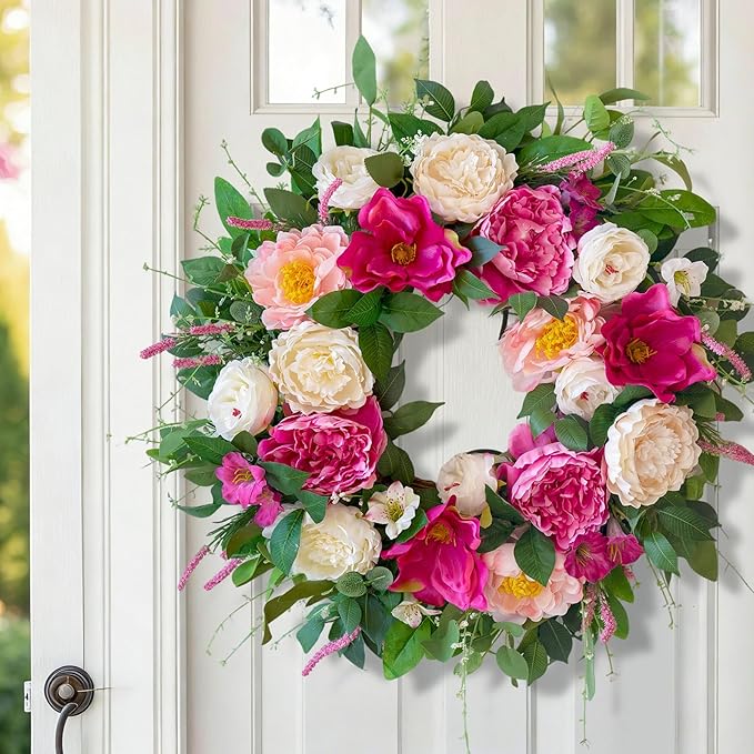 24 Inch Spring Wreaths for Front Door Outside,Artificial Silk Peony Rose Magnolia Spring Summer Wreath with Lavender Greenery | Luxury Summer Wreaths for Front Door-Indoor Outdoor Wreath Decor