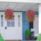 Homsunny Artificial Faux Hanging Flowers Plants Baskets for Outdoor Spring Summer Decorations,Resistant Fake Morning Glory Silk Plants for Outside UV Resistant Patio Yard Home Porch Decor(Red Purple)