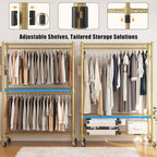 BATHWA Heavy Duty Garment Rack on Wheels, Rolling Clothes Racks for hanging clothes, Modern Closet Wardrobe Clothing Rack with 8 Side Hangers, Gold
