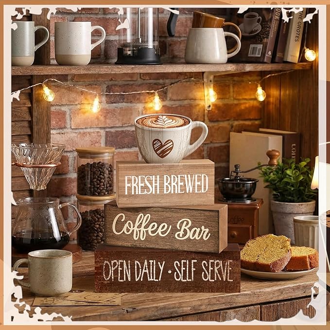 Moucuny 4 Pcs Farmhouse Coffee Bar Signs Decor Wooden Cup Rise & Shine It's Coffee Time Rustic Wood Cafe Sign Gift for Home Kitchen Tabletop Decor