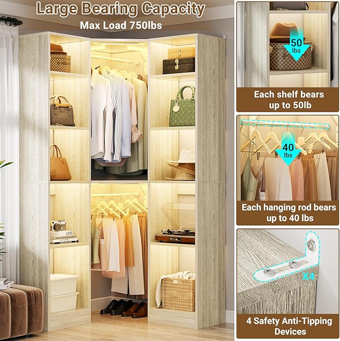 Corner Closet System with 2 Motion Sensor Lights, 39.2" Corner Closet Organizer with 12 Shelves, Closet System with 2 Hanging Rods, Versatile 6-Tier Walk-in Closet for Corner Space, White Oak