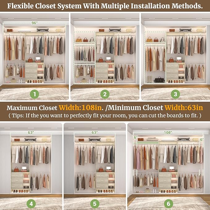 Aheaplus Closet System - 8FT Organizer with 3 Wooden Drawers, Fits 5.3-9 ft Walk-in Closet, White Oak