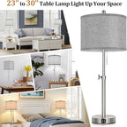 Silver Table Lamps Set of 2 for Living Room Bedroom, 23''-30'' Adjustable Height Bedside Lamps with 2 USB Ports, Industrial Nickle Nightstand Lamps with Grey Shade, Modern Lamp Sets for Home Office