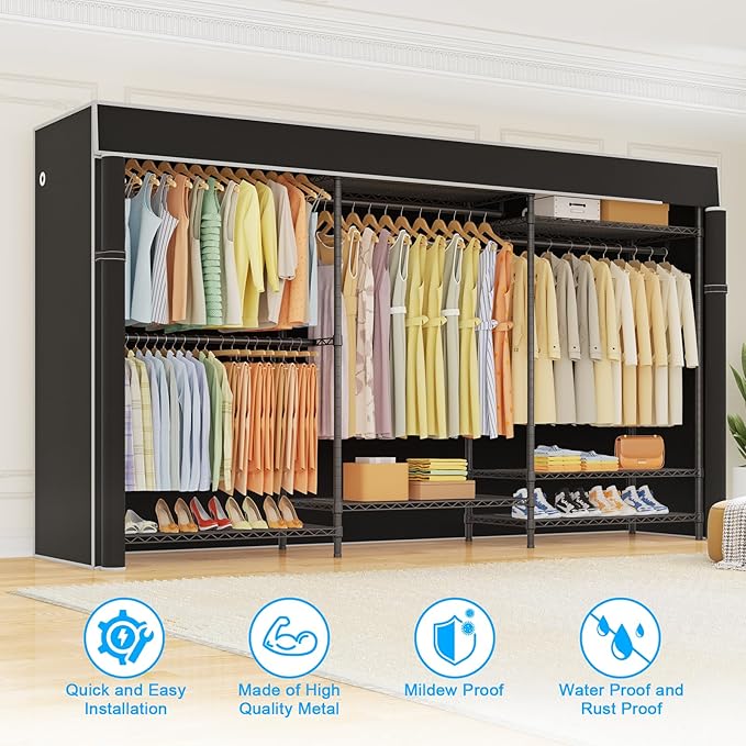 Ulif E13C Pro Heavy Duty Closet Organizer System，Freestanding Clothing Racks for Hanging Clothes，Adjustable Garment Rack 75" W x16 D x77 H Hold 1000lbs，Black Rack with Black Dustproof Cover