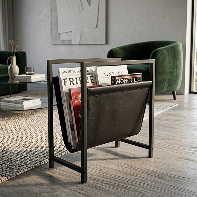 Modern Magazine Rack for Living Room and Office | Freestanding Metal and Leather Magazine Holder | Contemporary Storage Organizer for Books, Newspapers | Minimalist Home and Lounge Decor (Black)