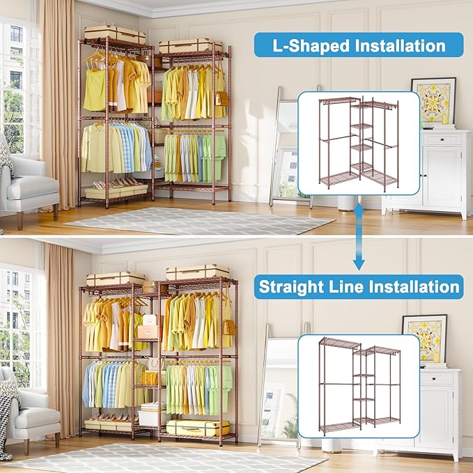 Ulif E4 Clothes Rack, Heavy-Duty Garment Rack, Metal Freestanding Clothing Organization Storage System Can Be L-Shaped with Shelves and Hangers, Max Load 962lbs, 71.6" W x 14.5" D x 79.3" H, Bronze