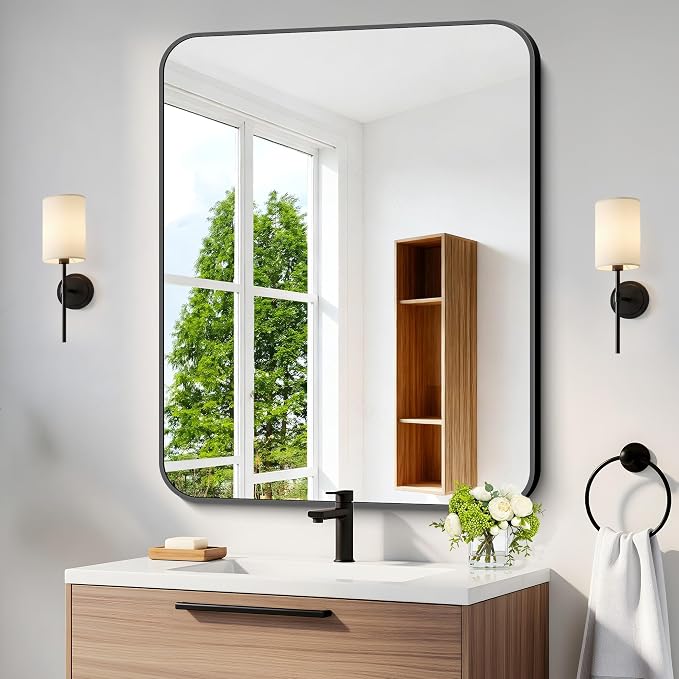BONEWEI 30x36 inch Bathroom Mirror 2-Pack,Black Rectangle Mirror,Wall Mounted Bathroom Frame Vanity Mirror with Round Corner for Bedroom Living Room, Entryway Hangs Horizontal or Vertical