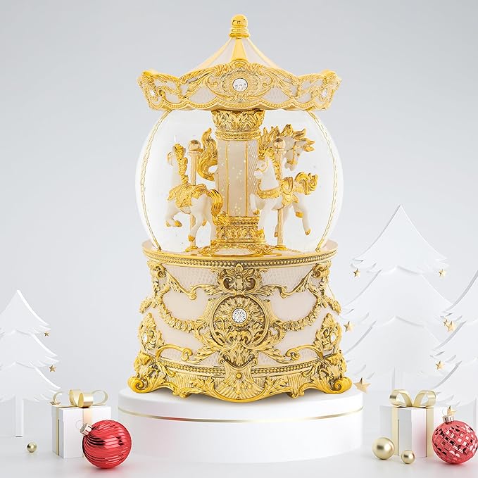 Carousel Music Box Gold & Ivory Christmas Snow Globes, 8.3" Rotate Carousel Snow Globe for Kids & Adults, Classic Wind up Musical Snow Globe Birthday Gifts for Women Girls, Carousel Horse Home Decor