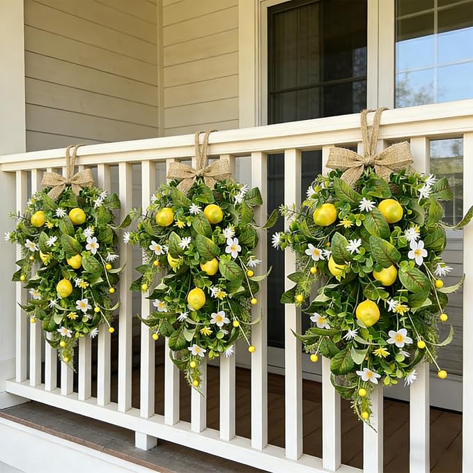 2 Pack 22'' Lemon Swag Wreaths for Cabinets Spring Summer Teardrop Wreath with White Daisy Flowers Artificial Lemon Teardrop Wreath with Bow for Farmhouse Front Door Porch Window Wall Hanging Decor