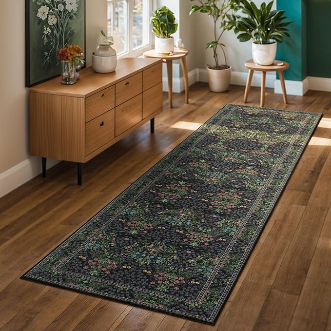 Lessymo Kitchen Runner Rug Washable, Long Non Skid Hallway Runner Rugs Black 2x6 Boho Vintage Floral Botanical Door Mat for Entryway, Laundry Room, Bathroom Rugs with Rubber Backed, Black Green