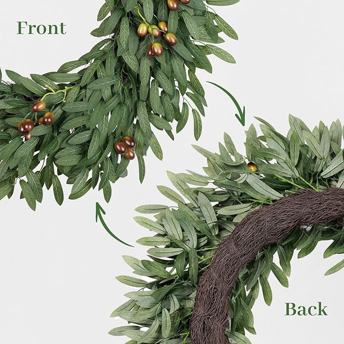 Olive Eucalyptu Wreaths for Front Door 24 Inch, Artificial Waterproof Green Lush Olive Branch Wreath with Berry for Home Outdoor Indoor Farmhouse Window Spring Summer All Seasons