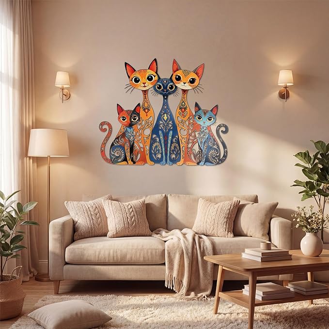 Wesiti Cat Wall Art Decor Iron Wall Sculptures Decor for Cats Lover 10.6 x 13.15 Inches Colorful Retro Mid Century Cat Signs for Home Living Room Bedroom Kitchen Office(Stylish)