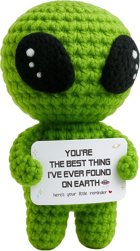 MAMAGIFTREE Crochet Alien Gift for Men Women – Funny Handmade Figure with Message Card, Appreciation Birthday Gift for Friends Coworkers Family