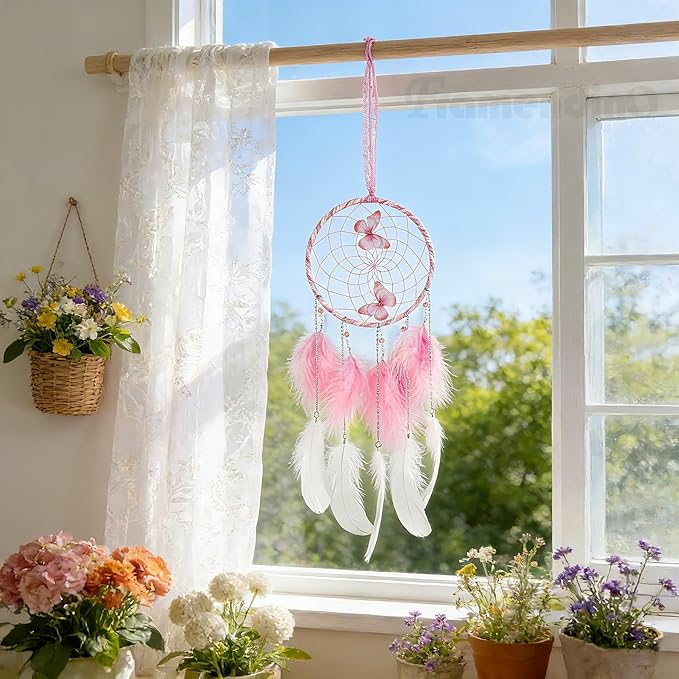 Framendino, Pink Butterflies Dream Catcher with Colorful Feather for Wall Decoration