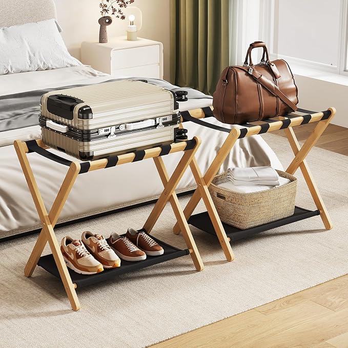 Fully Assembled Luggage Rack, 26.77" Natural Luggage Rack for Guest Room, Bamboo Folding Suitcase Stand with Fabric Storage Shelf, Heavy Duty 5 Nylon Straps Luggage Holder for Hotel, 1 Pack