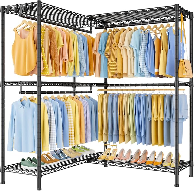 E15 Pro Garment Rack L Shaped Clothes Rack for Corner，Freestanding Clothing Racks for Hanging Clothes，Heavy Duty Closet System with 4 Hanging Rods & 8 S Hooks，48.8"W x 15.8"D x 78.4"H，Black