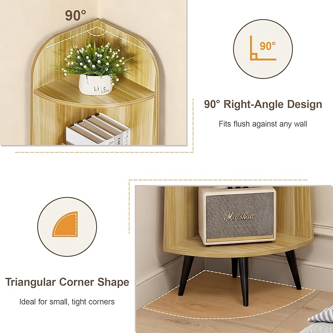 VECELO Large Tall Corner Shelf, 66.93" H 4-Tier Corner Storage Organizer, Freestanding Corner Display Rack for Living Room Bedroom Home Office, Natuarl Wood
