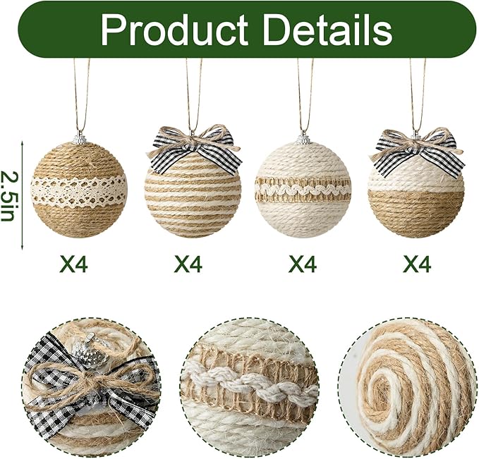 Bunny Chorus Christmas Decorations Indoor: 12pcs Handmade Jute Rope Decorative Bows Christmas Tree Ornaments, Rustic Hanging Xmas Ball Ornaments for Tree Garland Fireplace Home School Office Decor