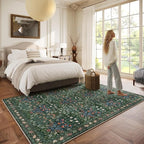 Washable Dark Green 6x9 Oriental Style Area Rug for Dining Room Under Table & Living Room, Low Pile Non-Slip Stain Resistant Carpet for Bedroom