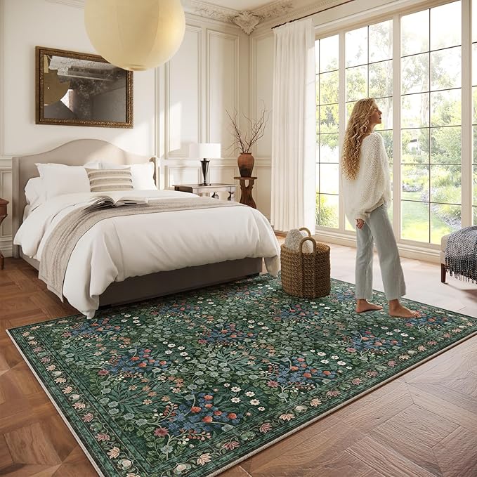 Washable Dark Green 6x9 Oriental Style Area Rug for Dining Room Under Table & Living Room, Low Pile Non-Slip Stain Resistant Carpet for Bedroom