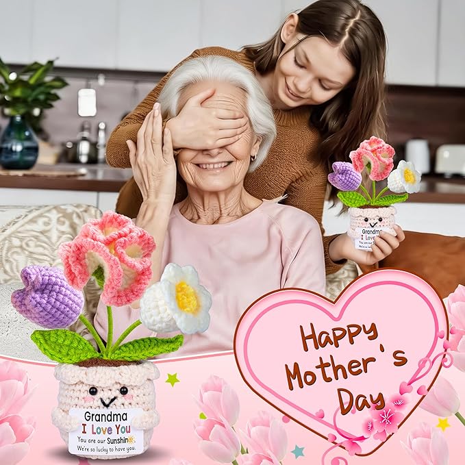 Gifts for Grandma, Grandma Gifts from Grandkids, Birthday Gift for Nana Grandmother GaGa, Mother's Day Birthday I Love You Present for Grandmother, Cute Handmade Crochet Positive Tulip Flowers Doll