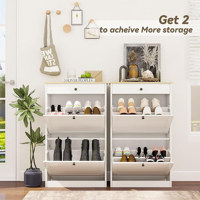Shoe Cabinet with 2 Flip Drawers, Slim Wooden Hidden Shoe Organizer with Drawer, Pet-Proof Narrow Shoe Storage Cabinet for Entryway Living Room Behind The Door