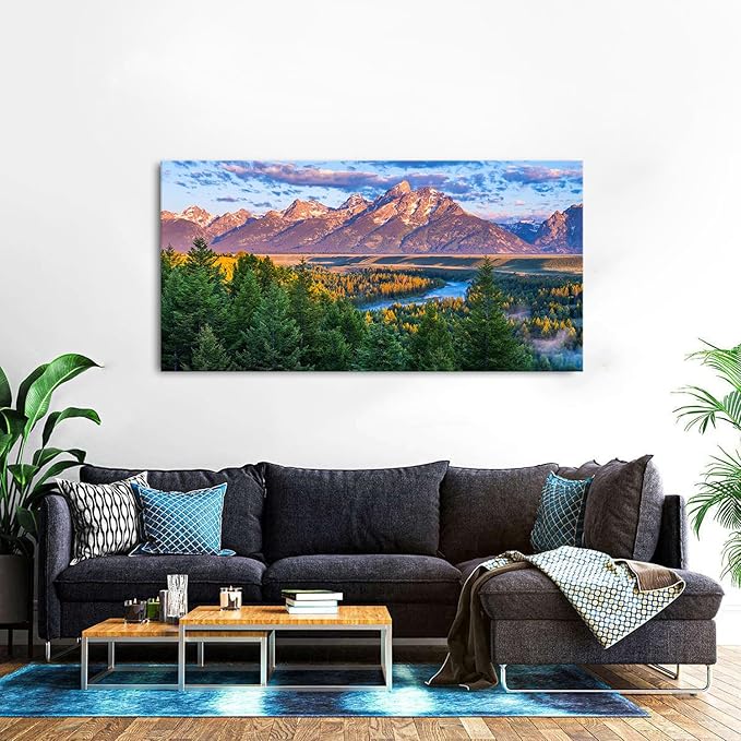 Grand Teton Mountain Wall Art Sunset Nature National Park Posters Oxbow Bend Snake River Landscape Wall Decor Wyoming Scenery Painting Artwork for Living Room Office Home Decoration 29.53x57.87"