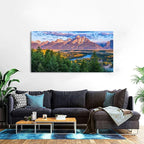 Grand Teton Mountain Wall Art Sunset Nature National Park Posters Oxbow Bend Snake River Landscape Wall Decor Wyoming Scenery Painting Artwork for Living Room Office Home Decoration 29.53x57.87"