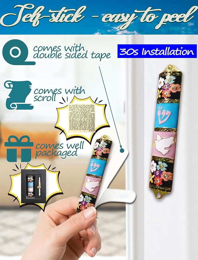 Exquisite Enamel Design Mezuzah with Scroll, Easy Install Use Double-Sided Tape, Dove with an Olive Branch Theme Mezuzah for Door with Crystal Diamond Accent for Any Jewish Occasions, 3.8”