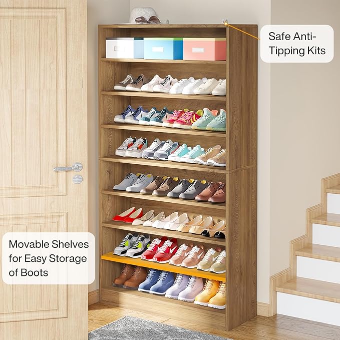 Tribesigns 2PCS Tall Shoe Cabinet, 9 Tiers 40-45 Pairs Heavy Duty Wood Freestanding Shoe Storage Cabinet, 70.8'' Tall Shoe Cabinet with Open Storage for Entryway (2, Light Brown)