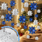 OuMuaMua Winter Christmas Snowflake Decorations Indoor, 36PCS 3D Silver Blue Snowflakes Christmas Hanging Ornaments for Home Xmas Holiday Winter Wonderland New Year Party Decor Supplies