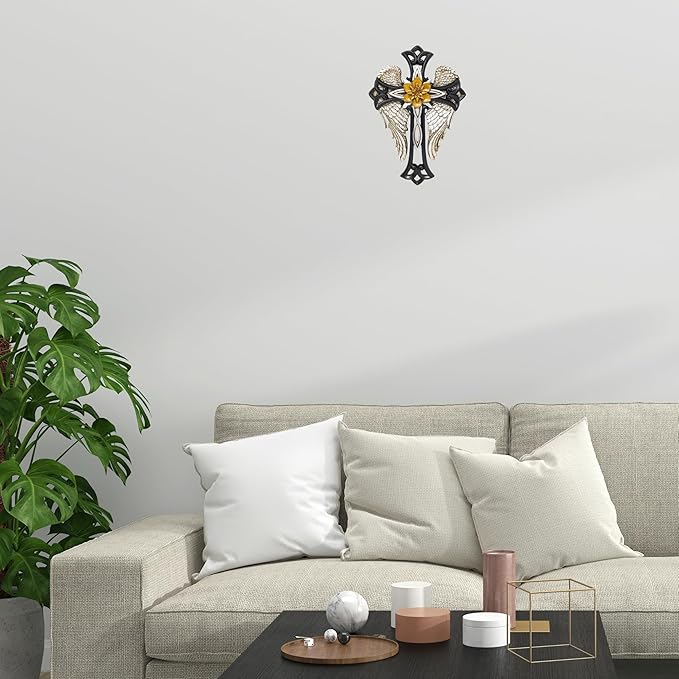 Angel Wings Cross with Flower – Decorative Resin Wall Cross with Elegant Design – Religious Home Décor for Prayer Room or Living Room – Ideal Gift for Birthdays, Christmas, and Special Occasions